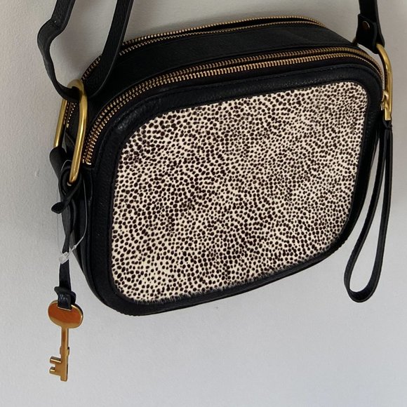 Fossil Black Elle Crossbody Bag Animal Print Cow Hide - Picture 4 of 11